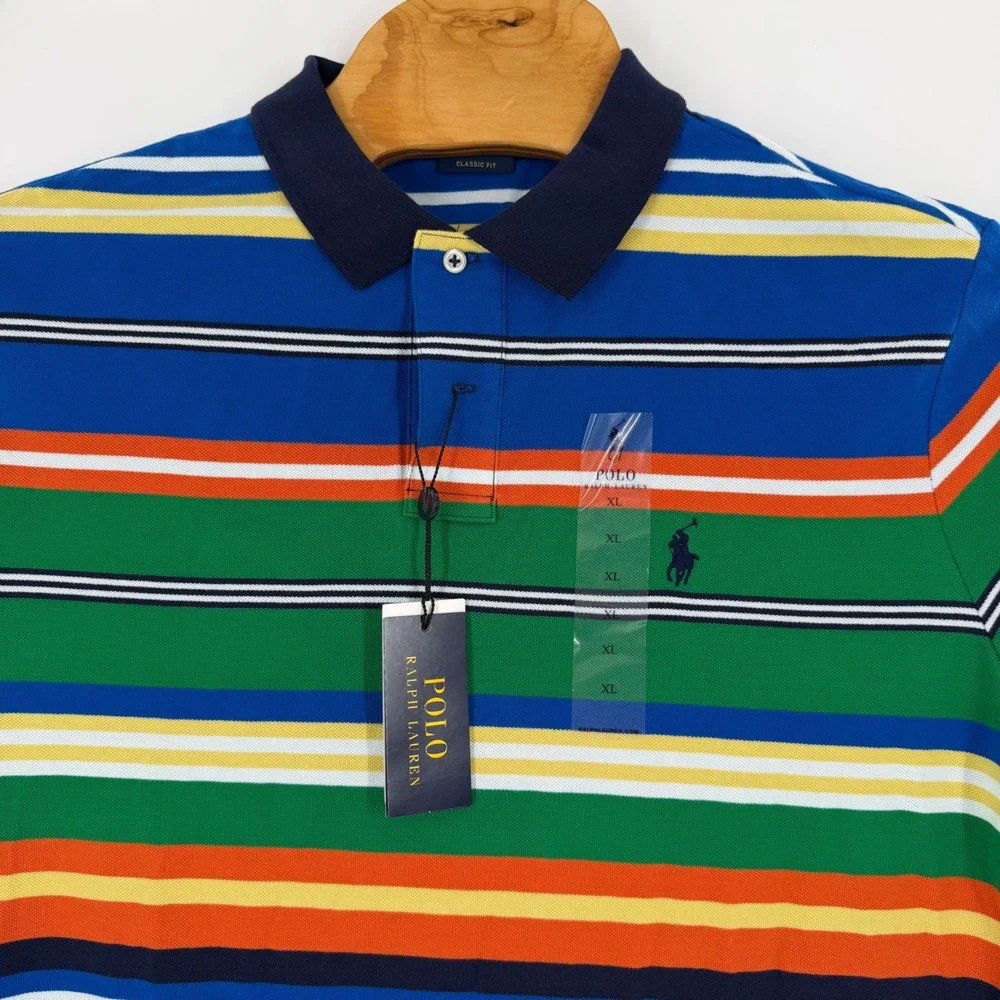 Polo Ralph Lauren Mens XL Classic Fit Striped Cotton Mesh Polo Shirt Multi Color